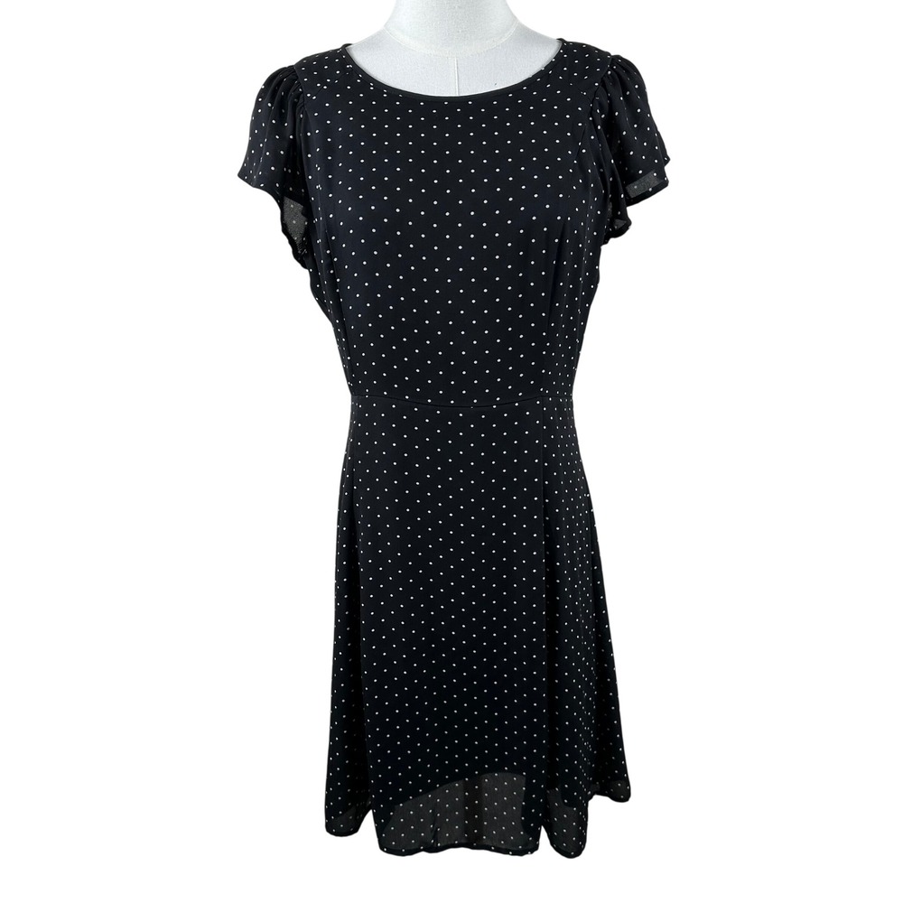H&M Fit and Flare Dress Womens 8 Black Polka Dot Flutter Sleeve Knee Length Mod